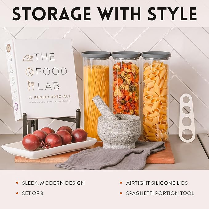 Glass Spaghetti Containers with Airtight Silicone Lids – BPA-Free Pantry Storage Jars for Pasta, Rice, Flour, and Dry Foods – Set of 3 with Portion Tool