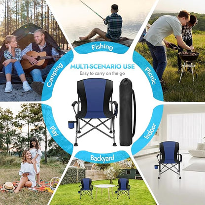 2 Pack Oversized Folding Camping Chair for Adults, Supports 450 LBS Camping Chairs, Heavy Duty Camping Chair with Side Pockets, Foldable Outdoor Chair for Camping, Beach, Fishing, Hiking, Blue-Black
