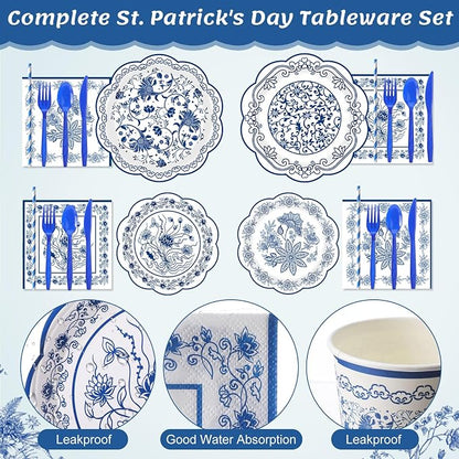 450 Pcs Blue Floral Tableware Set Decorations, Serves 50 | Blue White
