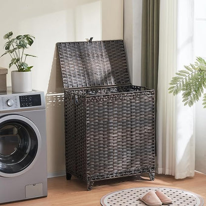 Laundry Hamper with Lid, 190L Large Laundry Basket 3 Section with 6 Removable Liner Bags & 3 Mesh Laundry Bags, Handwoven Rattan Clothes Hamper with Heightened Feet, No Install Needed, Brown
