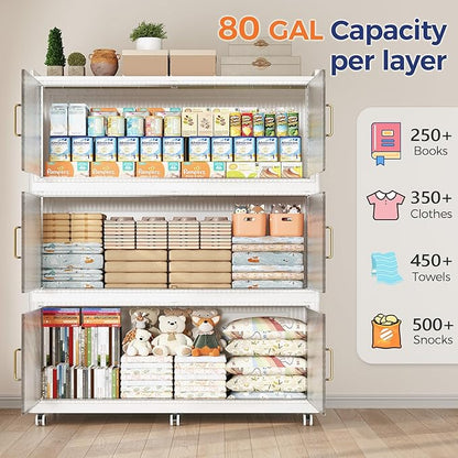240 Gallon Extra Large Collapsible Storage Bin with Lid, 960QT Stackable Plastic Organizer with 6x Wheels, Foldable Drawer Cabinet for Closet, Living Room Office Dorm 3Pack, White