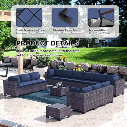 Kullavik 14 Pieces Outdoor Patio Furniture Set PE Wicker Rattan Sectional Sofa