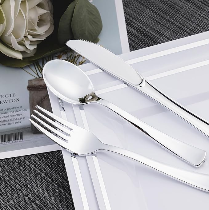 N9R 300PCS Silver Plastic Silverware Set, 100 Forks, 100 Spoons, 100 Knives, Heavy Duty Disposable Cutlery for Parties, Fancy Disposable Flatware for Weddings, and Daily Use