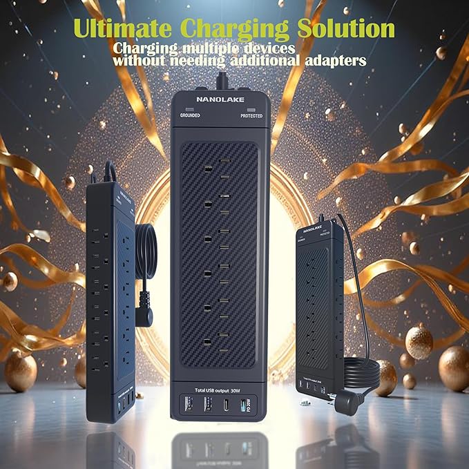 Surge Protector Power Strip/Heavy Duty 10ft Extension Cord with Multiple outlets/High Joules Protection (4800J)/18AC/1875W/15A/Usb A+C(PD20W),Flat Plug,Commercial,Industrial,Office,Home,Black