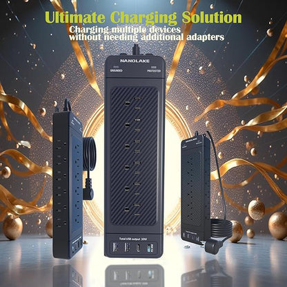 Surge Protector Power Strip/Heavy Duty 10ft Extension Cord with Multiple outlets/High Joules Protection (4800J)/18AC/1875W/15A/Usb A+C(PD20W),Flat Plug,Commercial,Industrial,Office,Home,Black