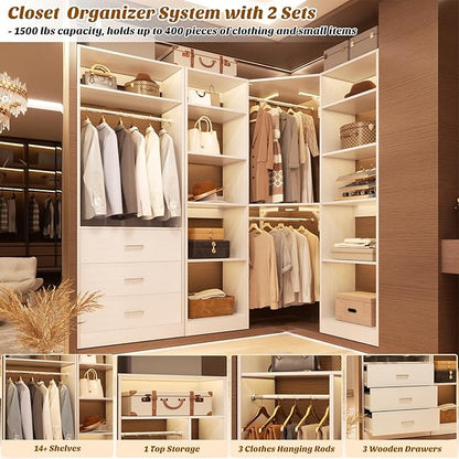 Corner Closet System with 3 Drawers, Corner Closet Organizer System with 13 Shelves & 3 Hanging Rods, 63.2"L * 39.2"W Reversible L Shaped Walk-in Closets, Load 2000+LBS, White