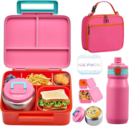 MAISON HUIS Bento Box for Kids with 8oz Soup Thermo, Leak-proof Lunch Food Containers with 5 Compartment, Insulated Lunch Bag & 17oz Stainless Steel Water Bottle for School, Trvael