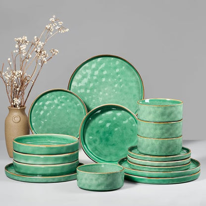 HaWare 16-Piece Dinnerware Set for 4, Stoneware Dish Set, Reactive Green |