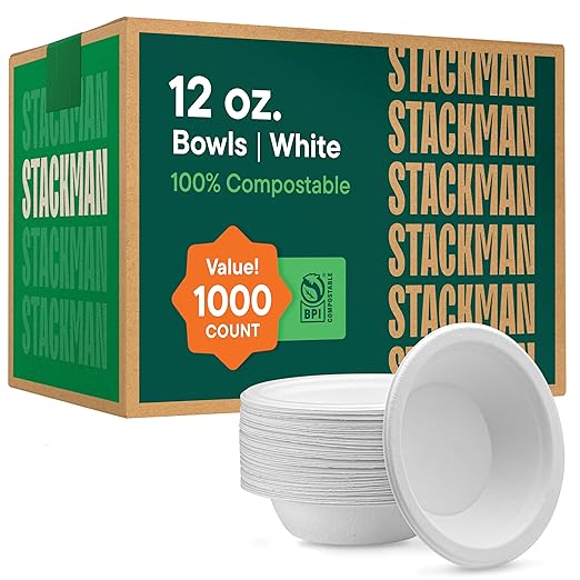 100% Compostable Paper Bowls 12 oz. [1000 Count] Heavy-Duty Soup Bowls - Natural White Color Unbleached Bagasse Bowls - Eco-Friendly Disposable Biodegradable Sugarcane - [Bulk Case 8/125 Pack]