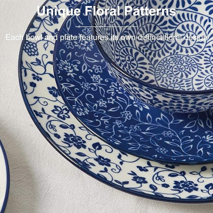 ONEMORE Ceramic Dinnerware Sets, 12 Piece Stoneware Plates and Bowls, Dish Sets for 4 - Scratch Resistant, Dishwasher & Microwave Safe, Vintage Blue