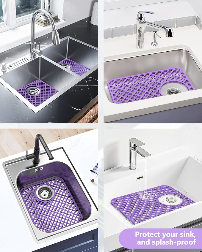 2 Pack Silicone Sink Protectors for Kitchen Sink, Lozenge Pattern 13 x 11 Inches Sink Mat, Non-Slip and Durable Sink Protector Silicone, Rear Drain, Purple
