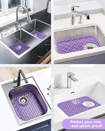 2 Pack Silicone Sink Protectors for Kitchen Sink, Lozenge Pattern 13 x 11 Inches Sink Mat, Non-Slip and Durable Sink Protector Silicone, Rear Drain, Purple