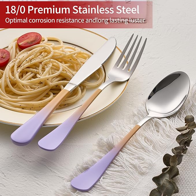 Colorful Silverware Set 20 Piece 18/0 Stainless Steel Flatware Purple and Orange Handle Cutlery Set Service for 4 Fork Knife Spoon Set Mirror Finish Dishwasher Safe