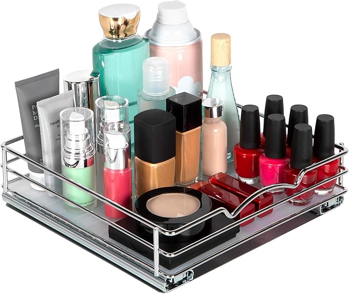 Pull Out Cabinet Organizer for Spices, Cans - Heavy Duty with Lifetime Limited Warranty- Pull Out Spice Rack- Cabinet Pull Out Shelf for Cans,Dishes, Etc, 10"W x 10"D x 2-1/8 H, Chrome