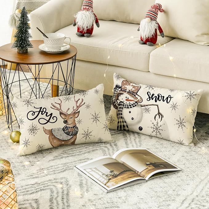 AVOIN colorlife Christmas Snowman Reindeer Gloves Eucalyptus Throw Pillow Covers, 12 x 20 Inch Winter Holiday Stripes Cushion Case Decoration for Sofa Couch Set of 4
