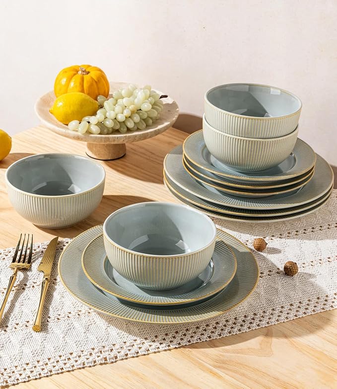 Ceramic Dinnerware Set for 4, 12-Piece Plates and Bowls Set | Lightweight