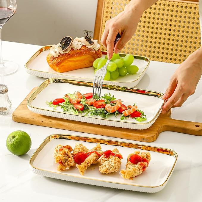 LETAOTAO Serving Platters, Ceramic Serving Platters Set of 4, 12 Inch Rectangular Serving Trays Dishes for Party Entertaining, White Dinner Plates with Gold Trim for Sushi Desserts Appetizers Salad