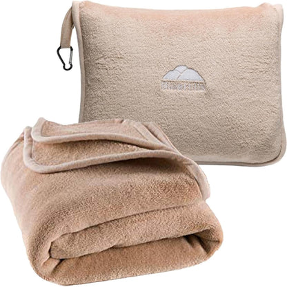BlueHills Premium Soft Tall Travel Blanket Pillow for Airplane Traveling Essentials Long Flight Trip Throw in Bag case with Backpack Clip Compact Large Plane Accessories Beige T053