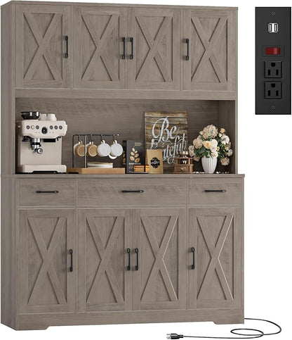 HOSTACK 71" Tall Kitchen Pantry Storage Cabinet with Charging Station, 55" Wide Kitchen Hutch Cabinet with Large Countertop, Farmhouse Food Pantry with Drawers for Living Room, Ash Grey