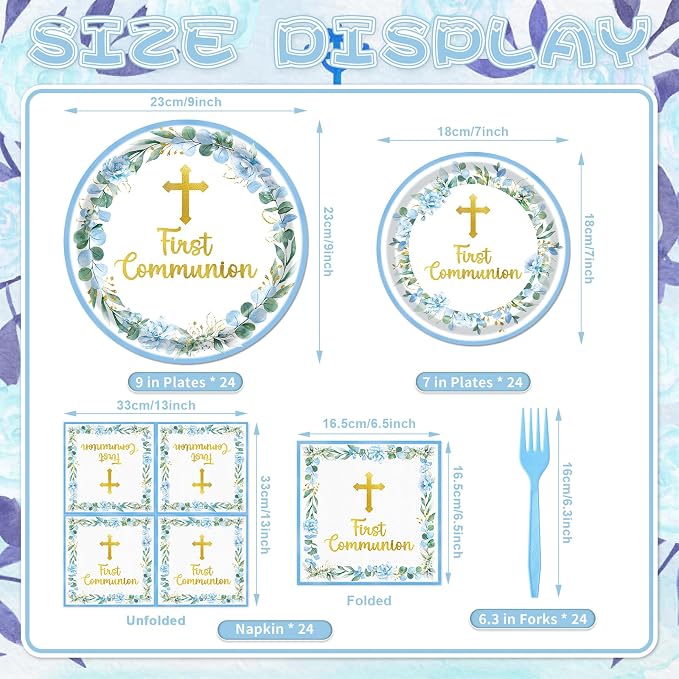 96 Pieces First Communion Floral Tableware Set – Blue Floral Cross Disposable