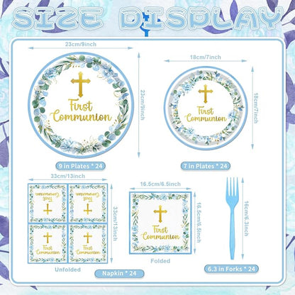 96 Pieces First Communion Floral Tableware Set – Blue Floral Cross Disposable