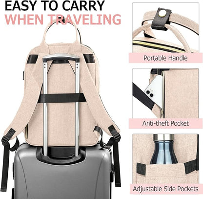 Laptop Backpack for Women, High School Bookbag for Girls with USB Port Charging, 15.6 Inch Water Resistant Computer Bag for Work, Travel College Back Pack Purse Gifts for Student Teacher, Beige