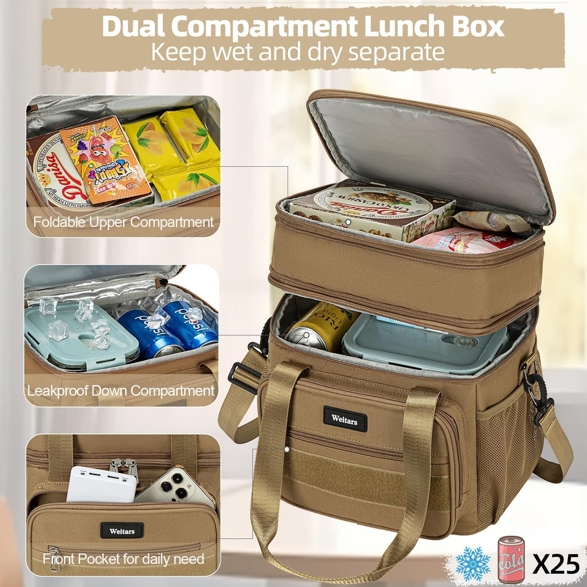 Weitars Lunch Box for Men Women Dual Compartment Lunch Box Heavy Duty Large Insulated Tactical Lunch Bag Durable Cooler Bag With Shoulder Strap for Adults Work Picnic Road Trip