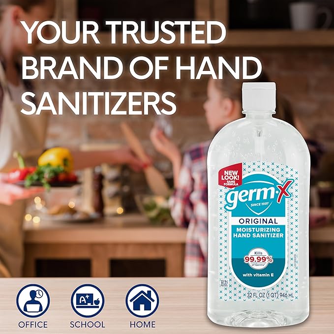 Germ-X Original Hand Sanitizer, Back to School Supplies, Non-Drying Moisturizing Gel with Vitamin E, Instant and No Rinse Formula, Large Family-Size Flip Top Bottle, 32 Fl Oz (Pack of 4)