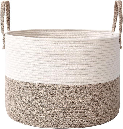 Woven Blanket Basket,65L Large Rope Storage Bin with Handles, Organizer for Blankets Toys Book and Clothes, Laundry Basket for Living Room Bedroom Nursery,White&Brown