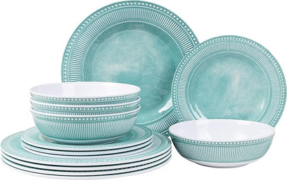 AELS Melamine Dinnerware Set of 12 Pcs, Dinner Dishes Set for Indoor and Outdoor Use, Melamine Plates and Bowls Set for 4, Dishwasher Safe, Lightweight Unbreakable, BPA Free, Green