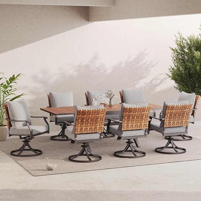Grand patio 9-Piece Outdoor Dining Set, 8 Leather-Look Wicker Swivel Patio