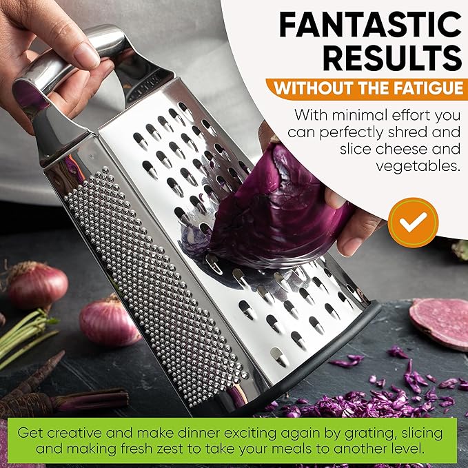 Spring Chef Professional Large Parmesan Cheese Grater, Stainless Steel Metal Box Grater with Handle, 4 Sided Handheld Kitchen Food Shredder for Cheese, Carrot, Veggie, Ginger, Potato - Dishwasher Safe