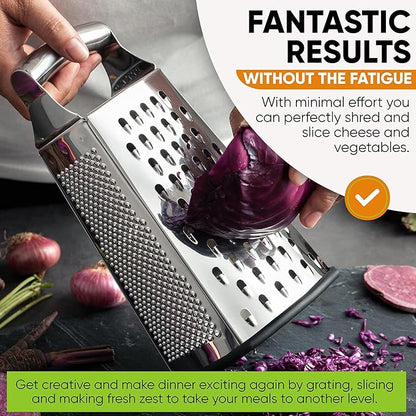 Spring Chef Professional Large Parmesan Cheese Grater, Stainless Steel Metal Box Grater with Handle, 4 Sided Handheld Kitchen Food Shredder for Cheese, Carrot, Veggie, Ginger, Potato - Dishwasher Safe