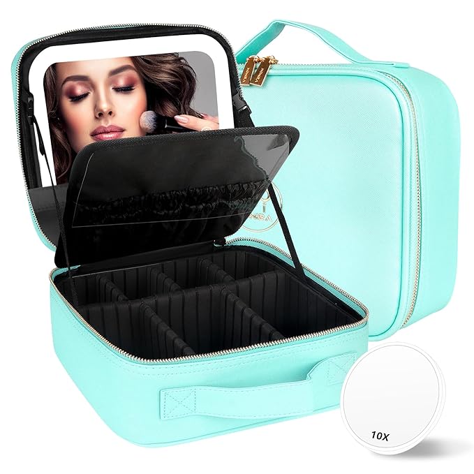 MOMIRA Travel Makeup Bag Cosmetic Bag Makeup Organizer Bag with Lighted Mirror, Adjustable Brightness in 3 Color Scenarios, Waterproof Makeup Train Case, Gift for Women - Aqua Blue