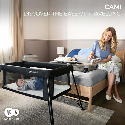 Kinderkraft CAMI 3-in-1 Baby Bed, Travel Bed for Baby, from Birth to 3 Years, Baby cot, Travel cot, Easy to Fold Compactly, Travel Bag Included, Two Levels, Black