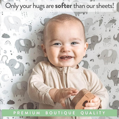 Cradle Sheets Fitted 18 x 36 Inch – Snuggly Soft 100% Jersey Cotton – Grey Elephants, Owls, Stars, Clouds, Moons for Baby Boy and Girl – 2 Pack