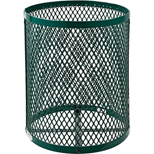 Global Industrial Outdoor Diamond Steel Trash Can with Flat Lid and Plastic Liner, 36 Gallon Capacity, Green, Thermoplastic Coating, 23-1/2" Diameter, 30" H