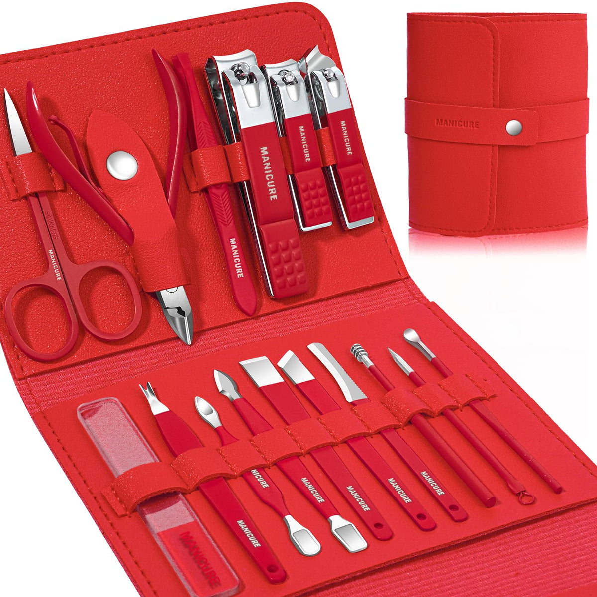 Manicure Set Professional Nail Clippers Pedicure Kit, 16 pcs Stainless Steel Nail Care Tools Grooming Kit with Luxurious Travel Leather Case for Thick Nails Men Women Gift (Red)
