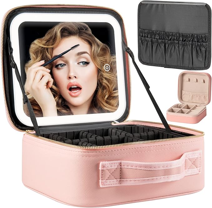 Makeup Travel Train Case with Mirror LED Light 3 Adjustable Brightness Large Cosmetic Bag Portable Storage Adjustable Partition Waterproof Makeup Brushes Make up Jewelry Gift for Women