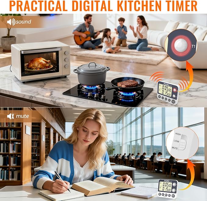 Digital Dual Kitchen Timer with Magnetic Back & Memory Presets, 2 Groups Countdown/Up Stopwatch Timer, 3-Level Volume + LED Alert, On/Off, 100Hr Max for Cooking, Baking (Battery Included)