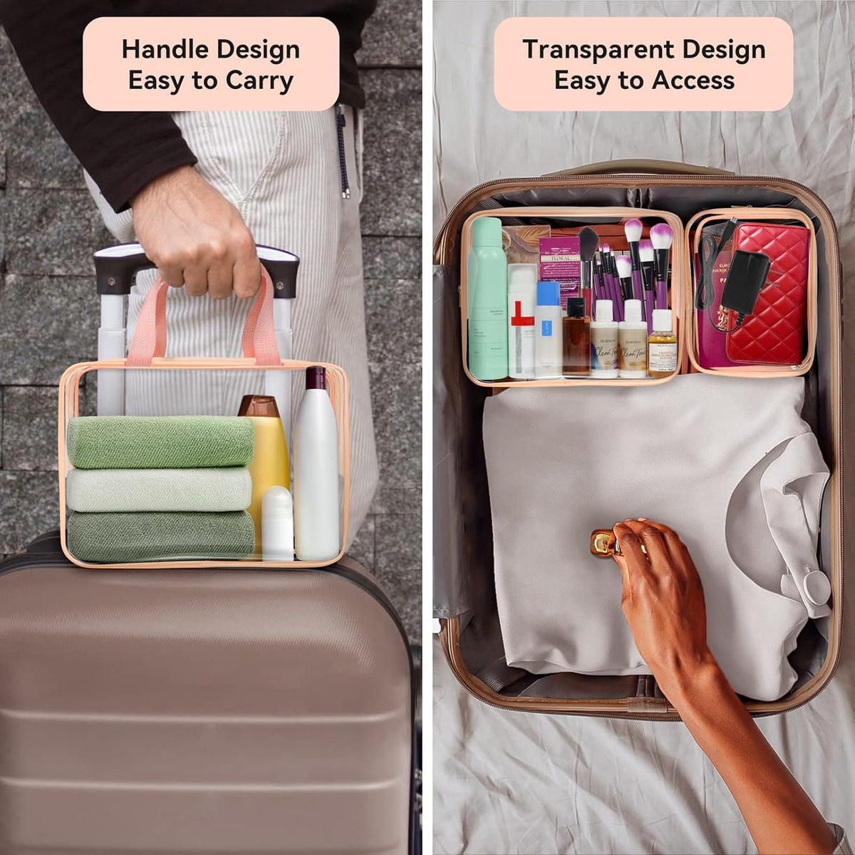 TISRATOK 10 PCS Clear Travel Makeup Toiletry Bag, Plastic PVC Cosmetic TSA Approved Organizer Kit with Zipper Handbag（Pink）