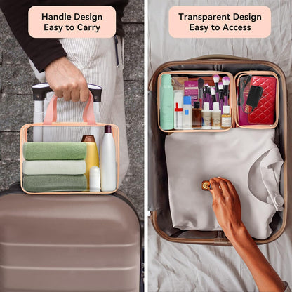 TISRATOK 10 PCS Clear Travel Makeup Toiletry Bag, Plastic PVC Cosmetic TSA Approved Organizer Kit with Zipper Handbag（Pink）