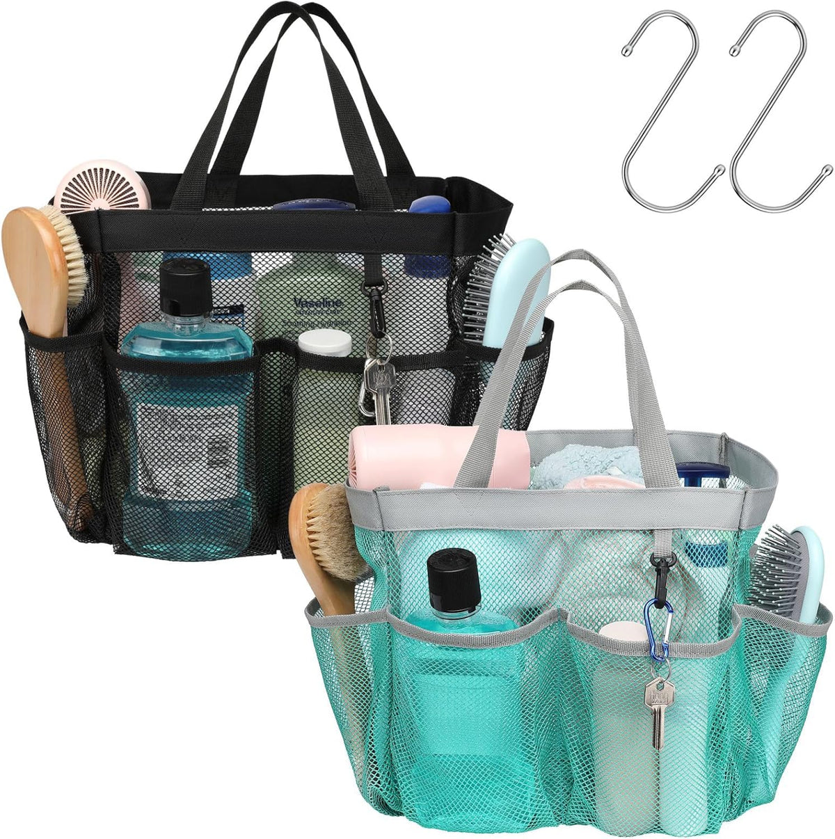 F-color Mesh Shower Caddy Portable - 2 Handles Upgrade Deeper 7 Pockets Basket Bag Tote for College Dorm Room Toiletry Bathroom Essentials Gym Camp Quick Dry with S Hook, 2 Pack, Black & Mint Green