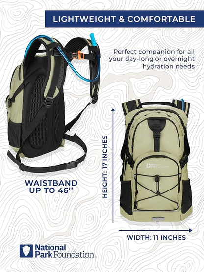 National Park Foundation 18L Hydration Backpack with 2 Liter Hydro Water Bladder Bag, Lightweight Daypack for Cycling, Hiking, Running, Climbing, for Men Women Kids