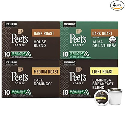 Peet's Coffee, Keurig K-Cup Pods Variety Pack - Luminosa Breakfast Blend, Café Domingo, Organic Alma De La Tierra, House Blend, 40 Count (4 Boxes of 10 Pods)