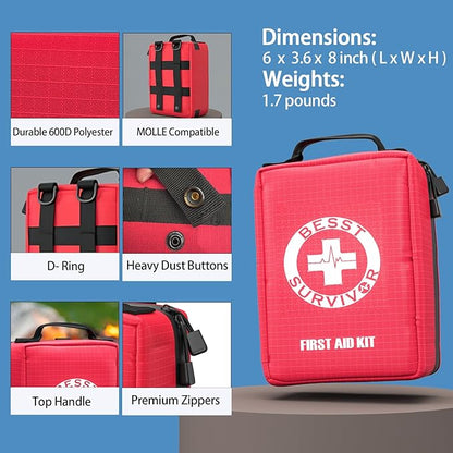 Premium First Aid Kit with Labelled Compartments, Emergency Survival Kit for Car, Home, Hiking and Travel – Compact Medical Kit for Roadside Emergencies, Outdoor Adventures, and Everyday Safety