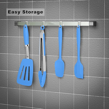 Silicone Spatulas Set Turners Tongs Cooking Utensils Set High Heat Resistant Kitchen Scraper Spatulas for Cooking Mixing Baking BPA Free Dishwasher Safe, Blue