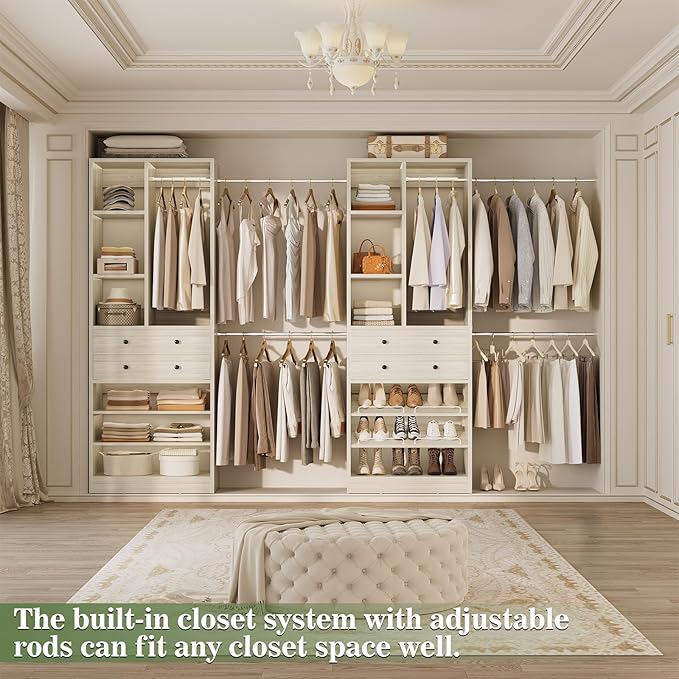 Closet System, Up to 134"/11.2 FT Closet Organizer with 4 Wooden Drawers and Shelves, Walk-in Closet System with 6 Hanging Rods, Built-in Closet Can Fit 96"/8FT, 120"/10FT, Greige Oak