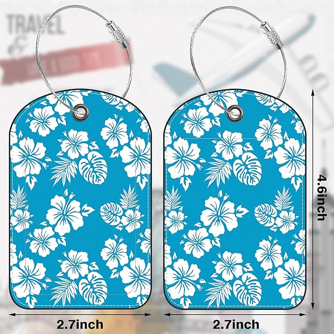 2 PCS Leather Luggage Tags for Suitcase Blue Hibiscus Travel Luggage Tag with Privacy Flap Name ID Label and Metal Loop for Travel Bag Suitcase