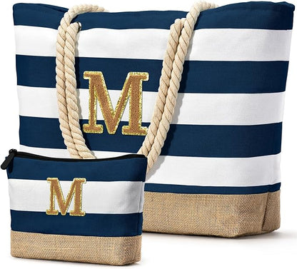 Becokan Beach Bag Initial Beach Tote with Makeup Bag for Travel Work Storage Personalized Birthday Gifts for Women Her